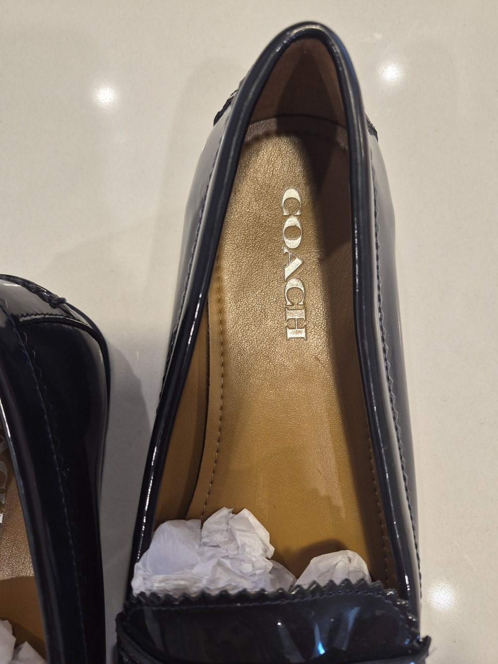 Coach Women's Navy Patent Leather Penny Loafers Size 9.5 - Picture 2 of 6